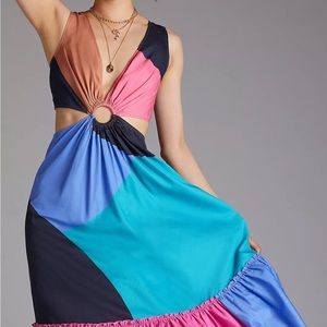 NWT Anthropologie Geisha Designs Flounced Cut-Out Colorblocked Maxi Dress